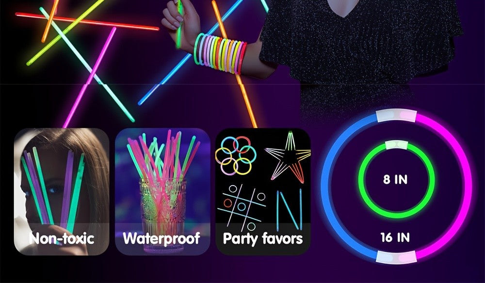 8-Inch Glow Sticks 144-Pack in Seven Colors, Bulk Glow Party Favors for Bracelet and Necklace Activities, Halloween, Birthdays and Football Celebrations