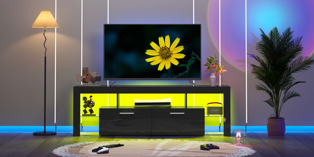Black LED TV Stand with Listed 51-Inch Length and Single Storage Drawer, Modern Entertainment Media Console for Living Room, Bedroom and Game Room Organization