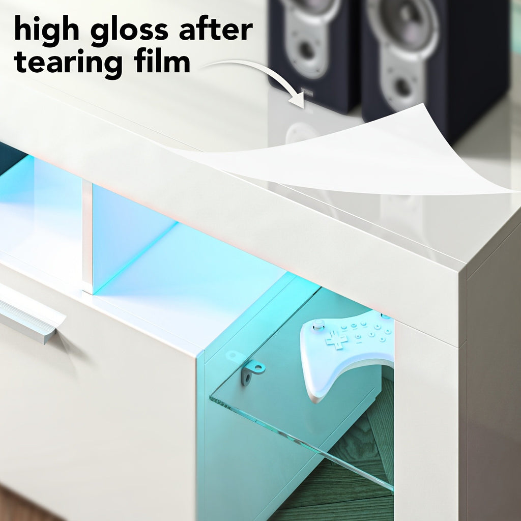 White LED TV Stand with Cabinet Storage and Glass Shelves, Modern Media Console for Living Room and Game Room in 130, 167 or 180 cm Model Options