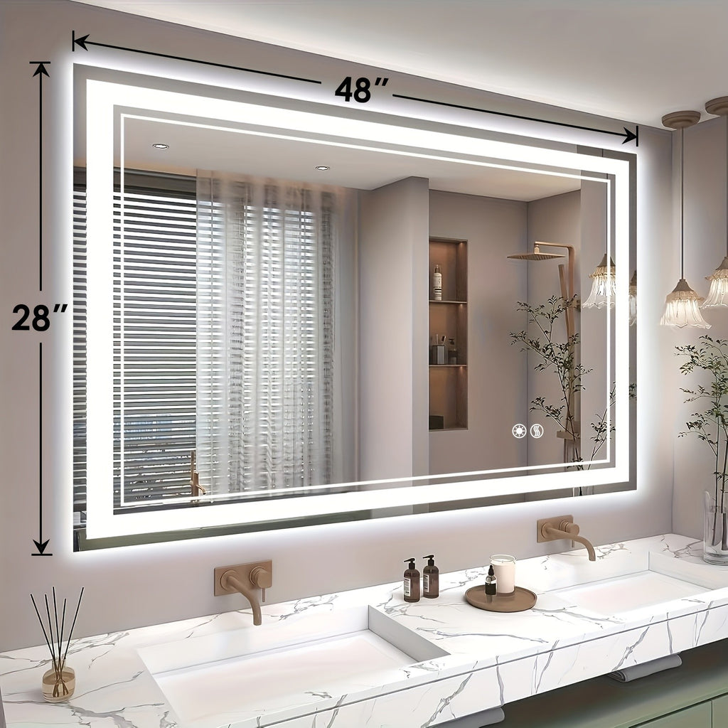LED Bathroom Vanity Mirror with Listed Anti-Fog Function, Dimmable Three-Color Front and Back Lighting, Wall-Mounted Mirror with Multiple Size Options