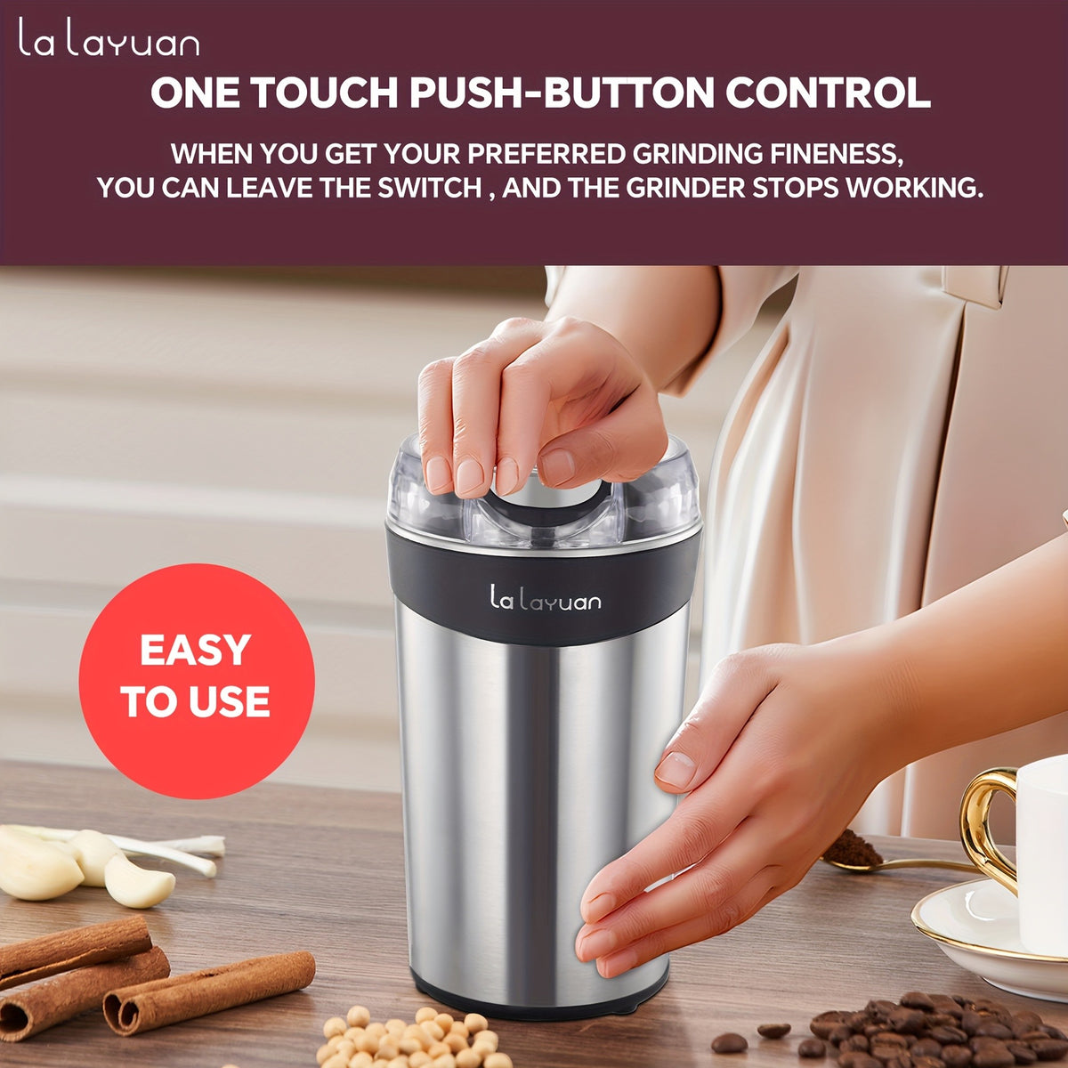 Coffee Bean Grinder with 200W Motor and Stainless Steel Chamber, One-Touch Electric Blade Mill for Home Coffee and Spice Prep, 2.7oz Capacity
