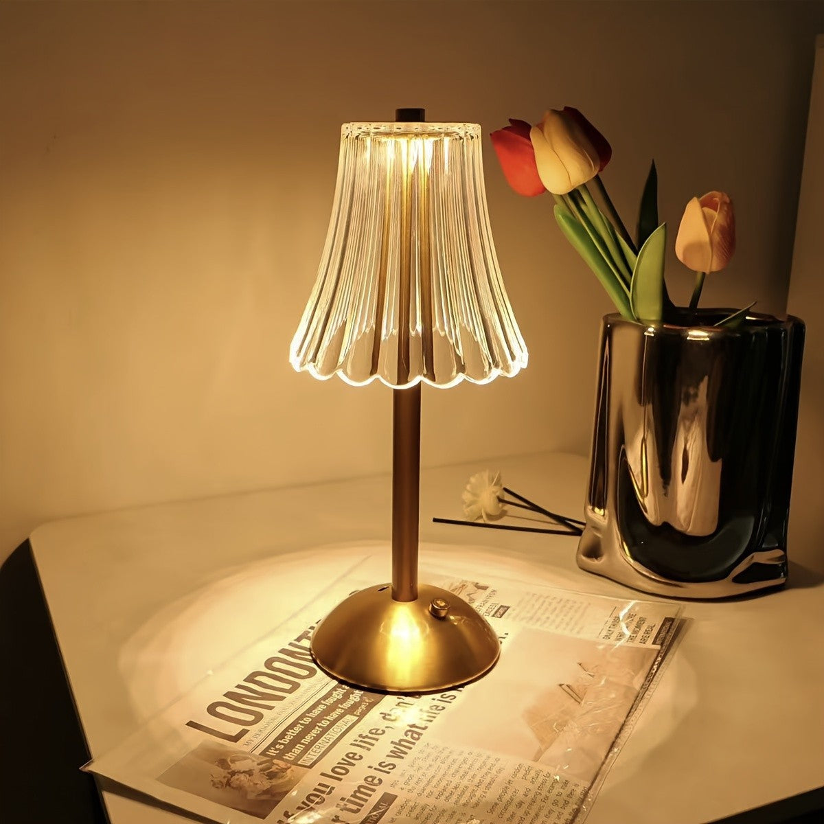 Touch Control Crystal Table Lamp with Three Light Tones, Dimmable LED Lighting, Wrought Iron Base and USB Rechargeable Battery, Single or Two-Lamp Options