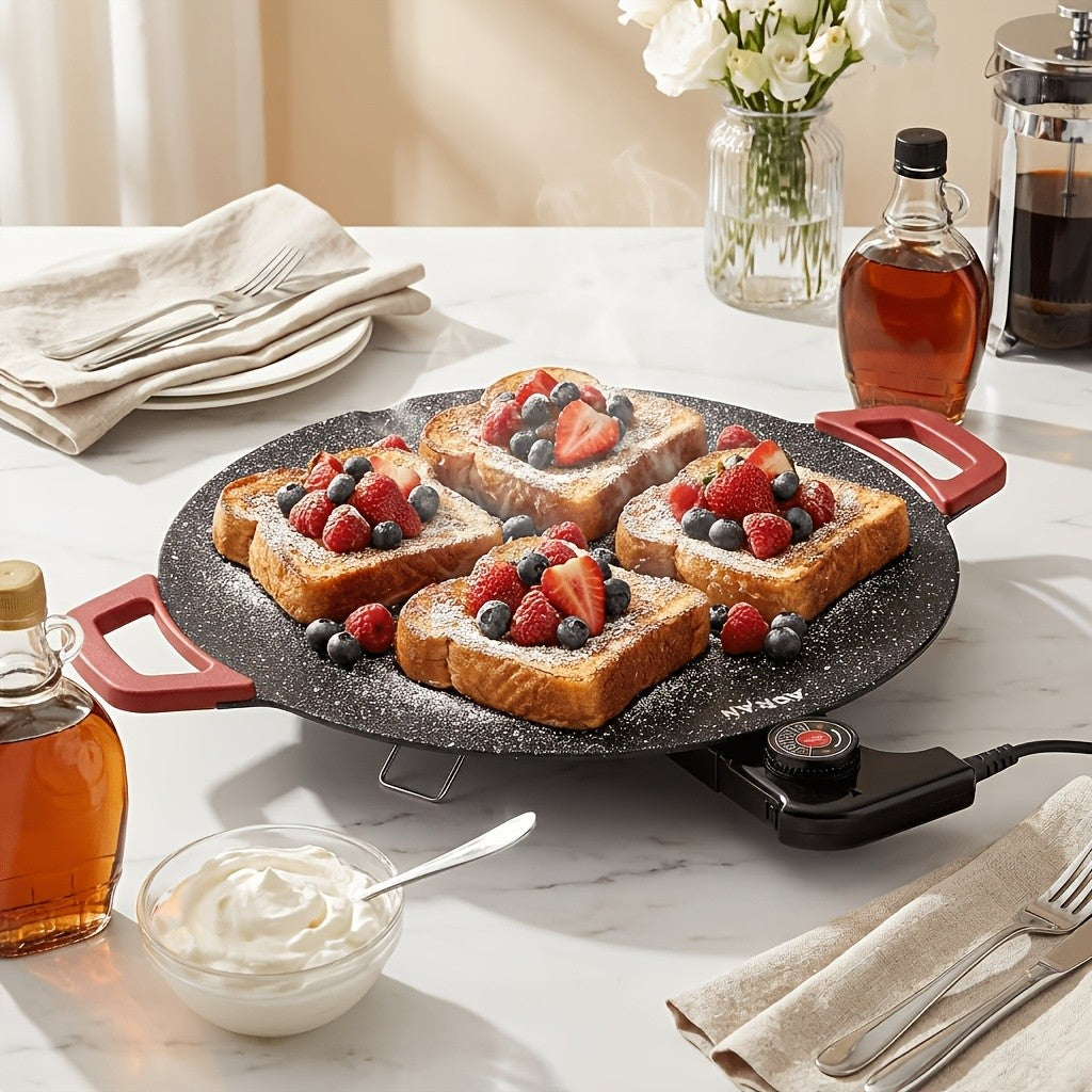 Red-Handle Electric Griddle with Nonstick Cooking Surface and Adjustable Heat Settings for Breakfast, Home BBQ and Family Meals, AR-01 or AR-02 Options