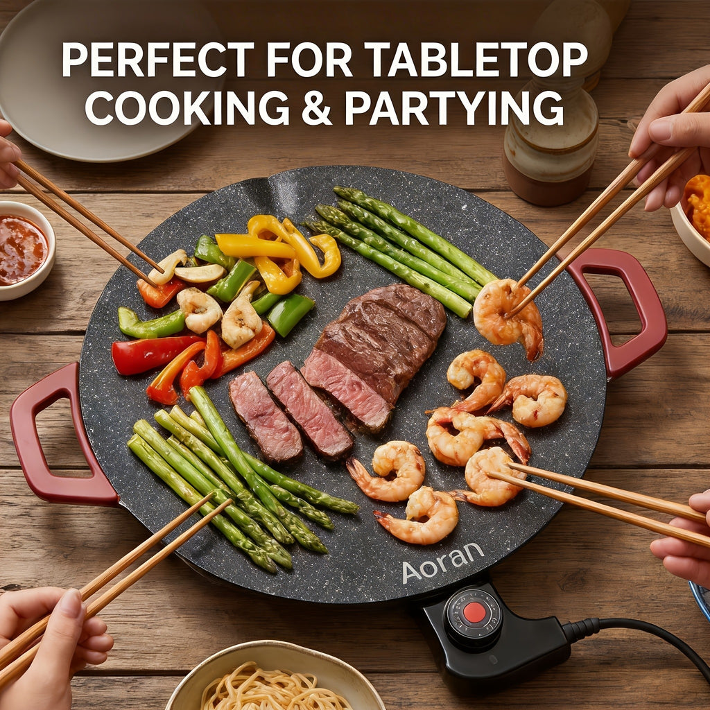 Red-Handle Electric Griddle with Nonstick Cooking Surface and Adjustable Heat Settings for Breakfast, Home BBQ and Family Meals, AR-01 or AR-02 Options