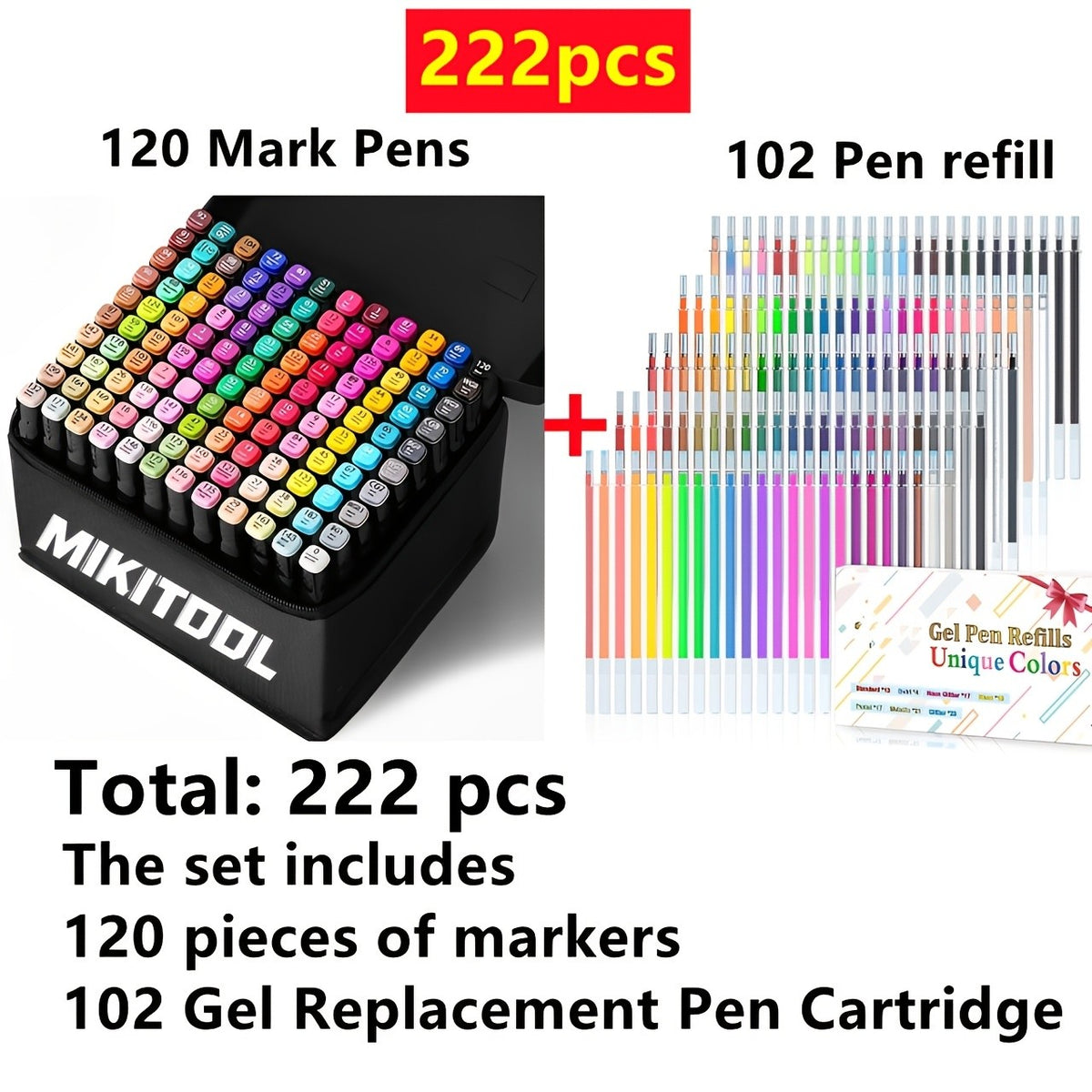 Dual-Tip Permanent Art Marker Set, 120 Drawing Markers Plus 102 Gel Pen Replacement Cartridges for Sketching, Comics and Design, 222 Pieces Total