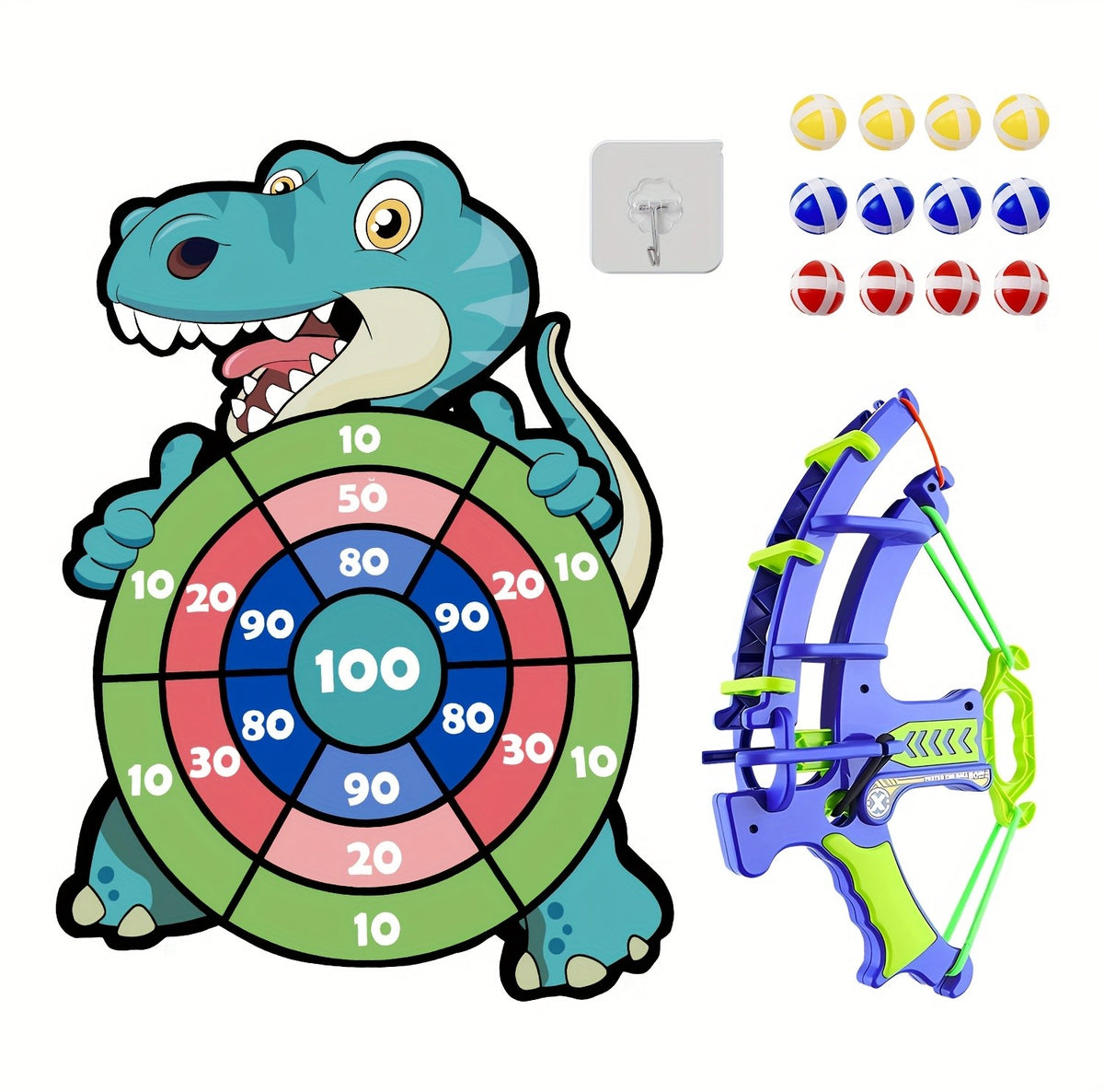 Dinosaur Sticky Target Ball Set with Blue Bow Wording, One-Set Option for Supervised Party Games, Family Gatherings and Birthday or Holiday Gift Ideas