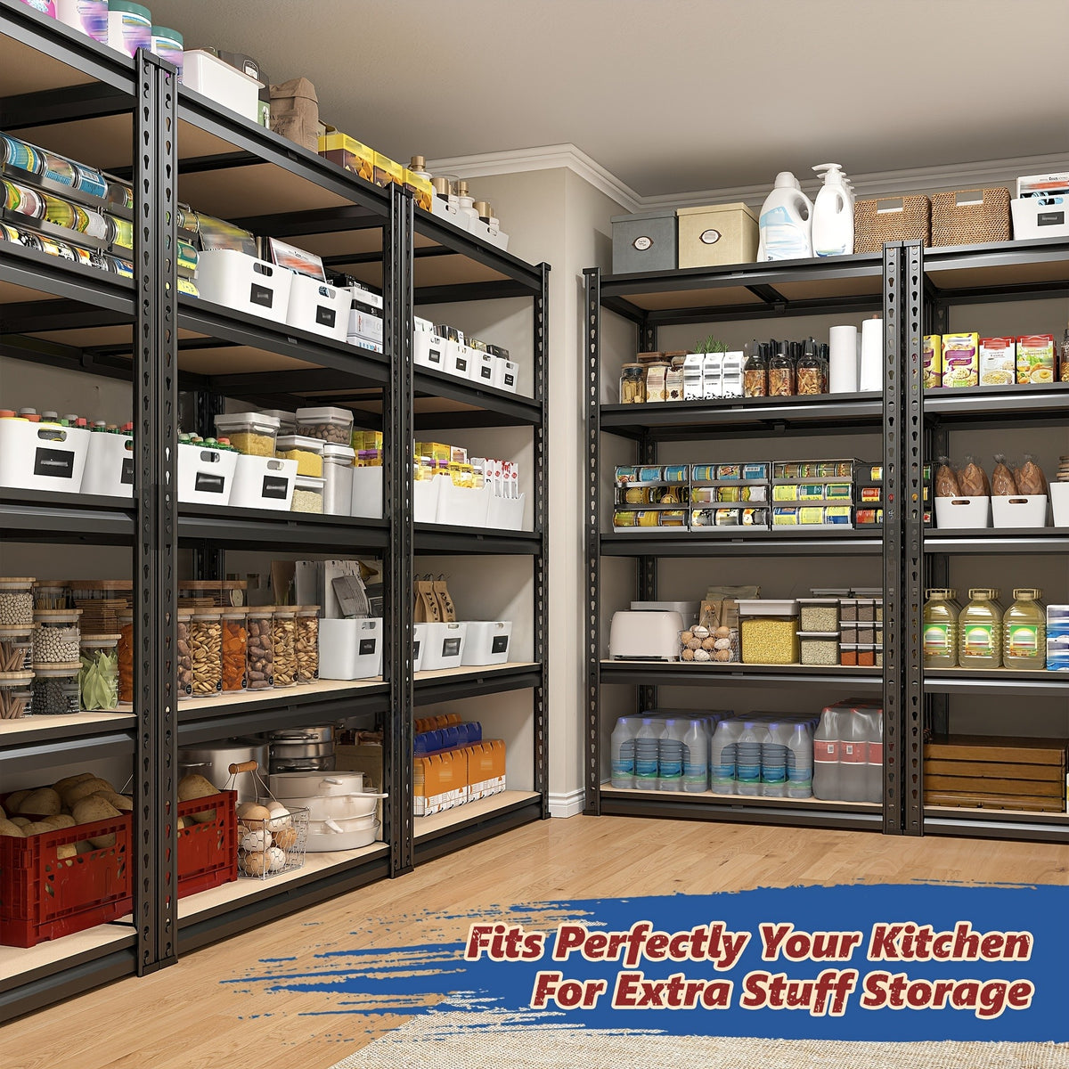 Adjustable Storage Shelving by REIBII with Five Wood-Board Tiers and Black Metal Frame, Garage and Pantry Organizer with Height and Two-Piece Pack Options