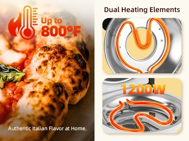 Indoor Pizza Oven by YIBAKE, White Countertop Pizza Maker and Grill for Home Pizza Nights, Listed 12-Inch Pizza Size and Maximum 800°F Heating