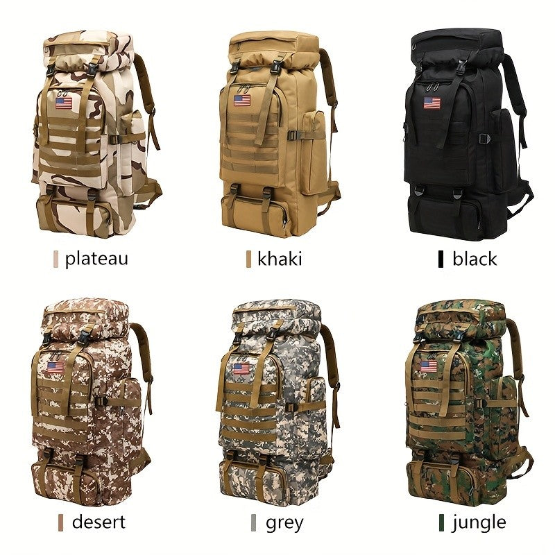 Hiking Backpack with Listed Flag Patch and Large-Capacity Rucksack Design, Seven Solid Color and Camouflage Options for Camping Gear and Outdoor Travel