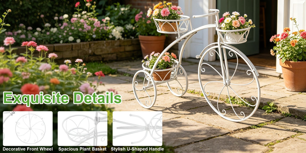 Tricycle Plant Stand in Black or White with Three Iron Pot Holders, Decorative Bicycle Flower Display with Fixed Wheels for Home and Suitable Patio Spaces