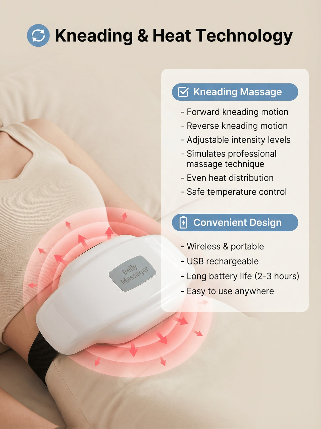 Heated Abdominal Massager with Kneading and Adjustable Modes, Rechargeable USB Belly and Waist Massage Device for Everyday Personal Care at Home or the Office