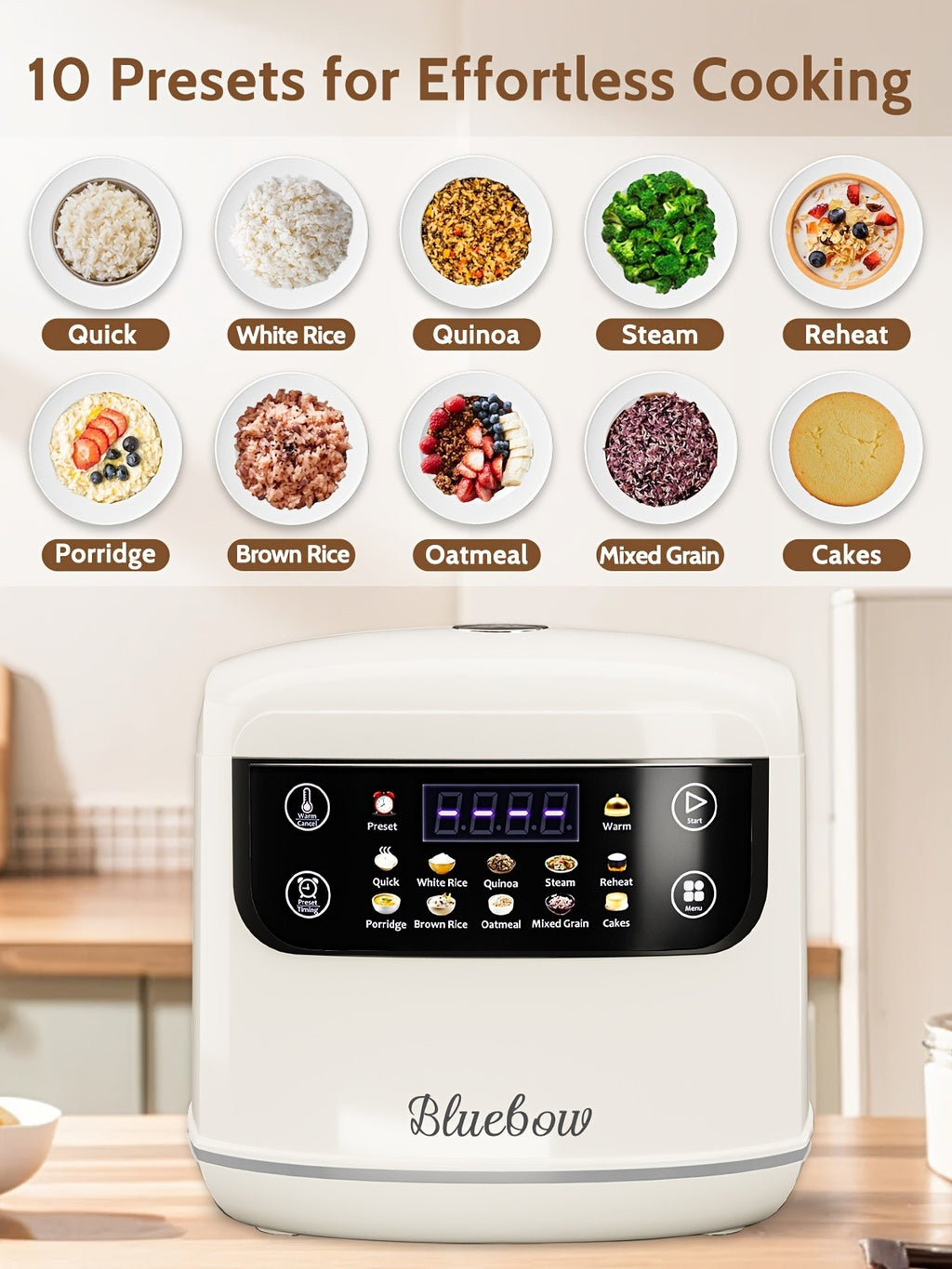 White LCD Rice Cooker by Bluebow with Listed 2L Capacity, Ten Menu Options, Nonstick Aluminum Inner Pot, Automatic Keep Warm and 24-Hour Delay for Small Households