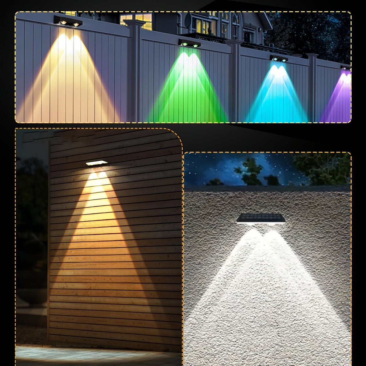 Multicolor Solar Fence Lights with Nine Listed Modes and Lens-Focused LEDs, Outdoor Wall and Patio Decorative Lighting in Packs of 4, 6, 8 or 10