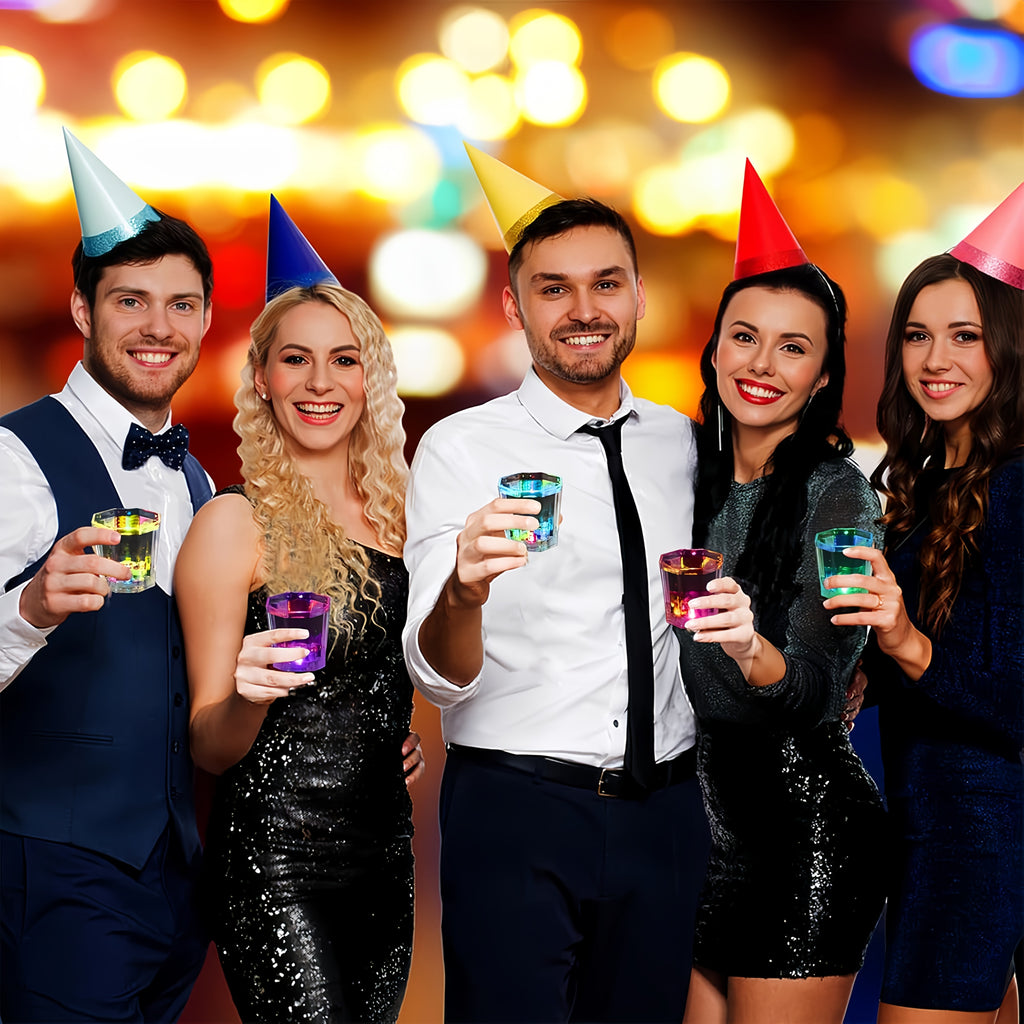 LED Light-Up Party Wine Glasses with Color-Changing Mode Wording, Small Cup Sets in 12 or 15-Piece Options for Birthdays, Weddings and Holiday Celebrations