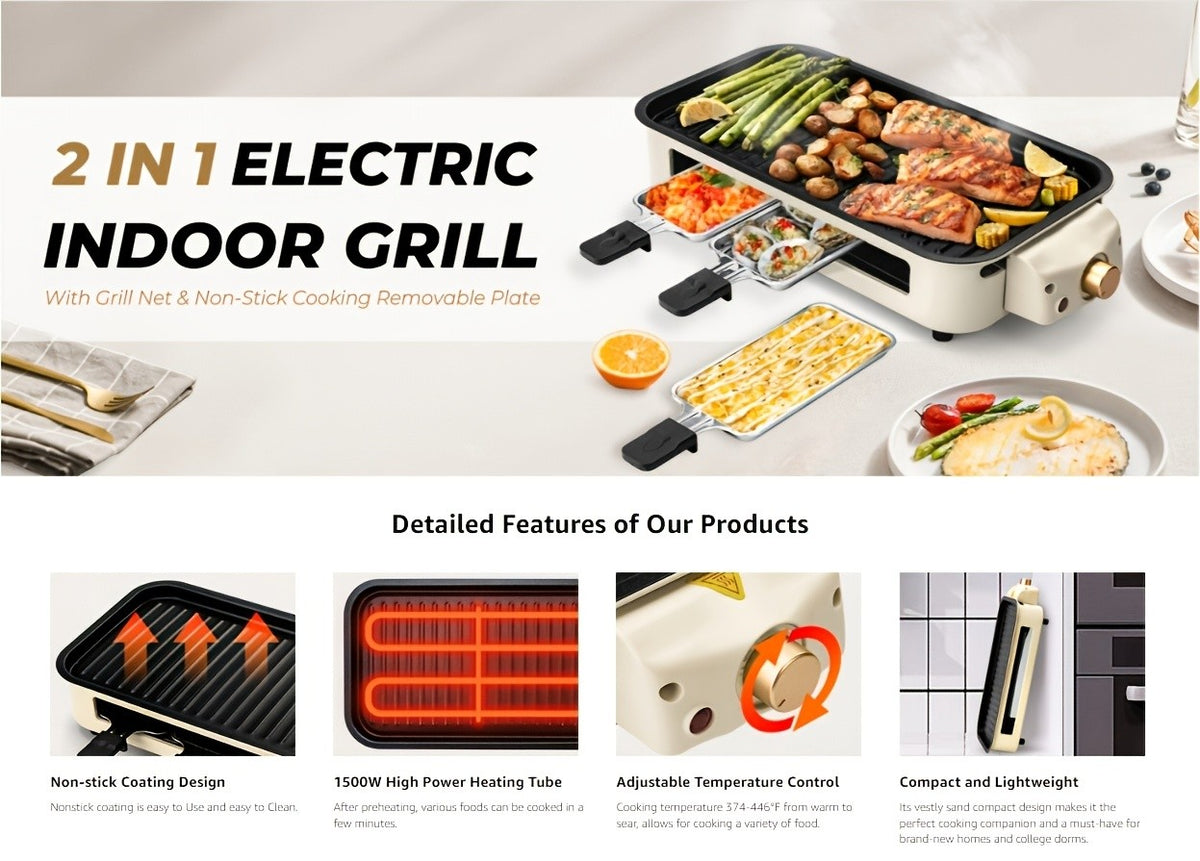 1700W Indoor Electric Grill with Temperature Control, Black Gift-Bag Option and Listed Detachable Nonstick Cooking Board for Home Meals and Tabletop BBQ