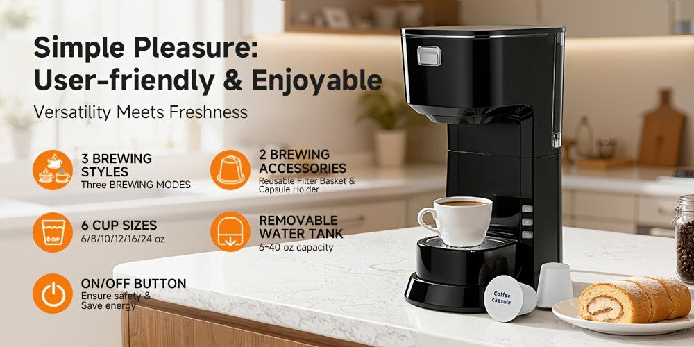 Compact One-Button Coffee Maker for Home, Everyday Coffee Machine with Simple Start Control in Black or White for Kitchen Counters and Morning Routines