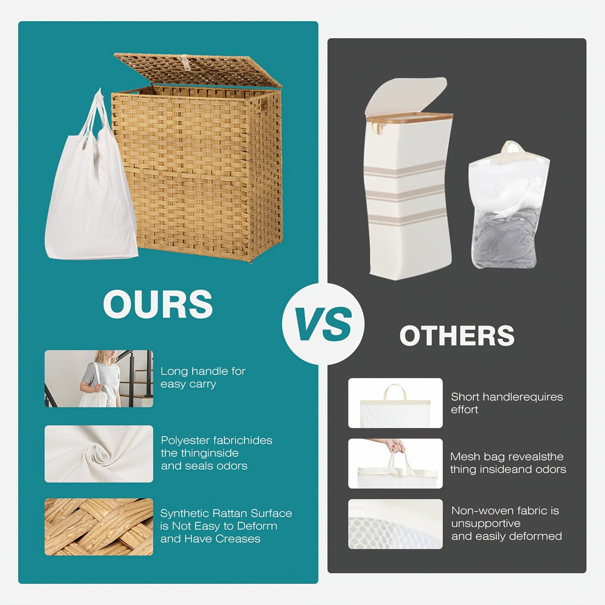 Laundry Hamper with Lid and Detachable Double Inserts, Foldable Clothes Basket in Three Capacity Options for Bedroom, Bathroom and Laundry Room Organization