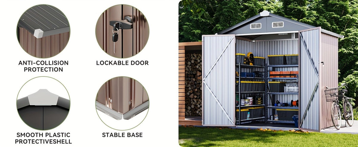 Metal Garden Storage Shed, 6 x 4 FT Class Outdoor Tool Building with Galvanized Steel Frame, Padlock-Ready Doors, Sloped Roof and Vents for Backyard Organization