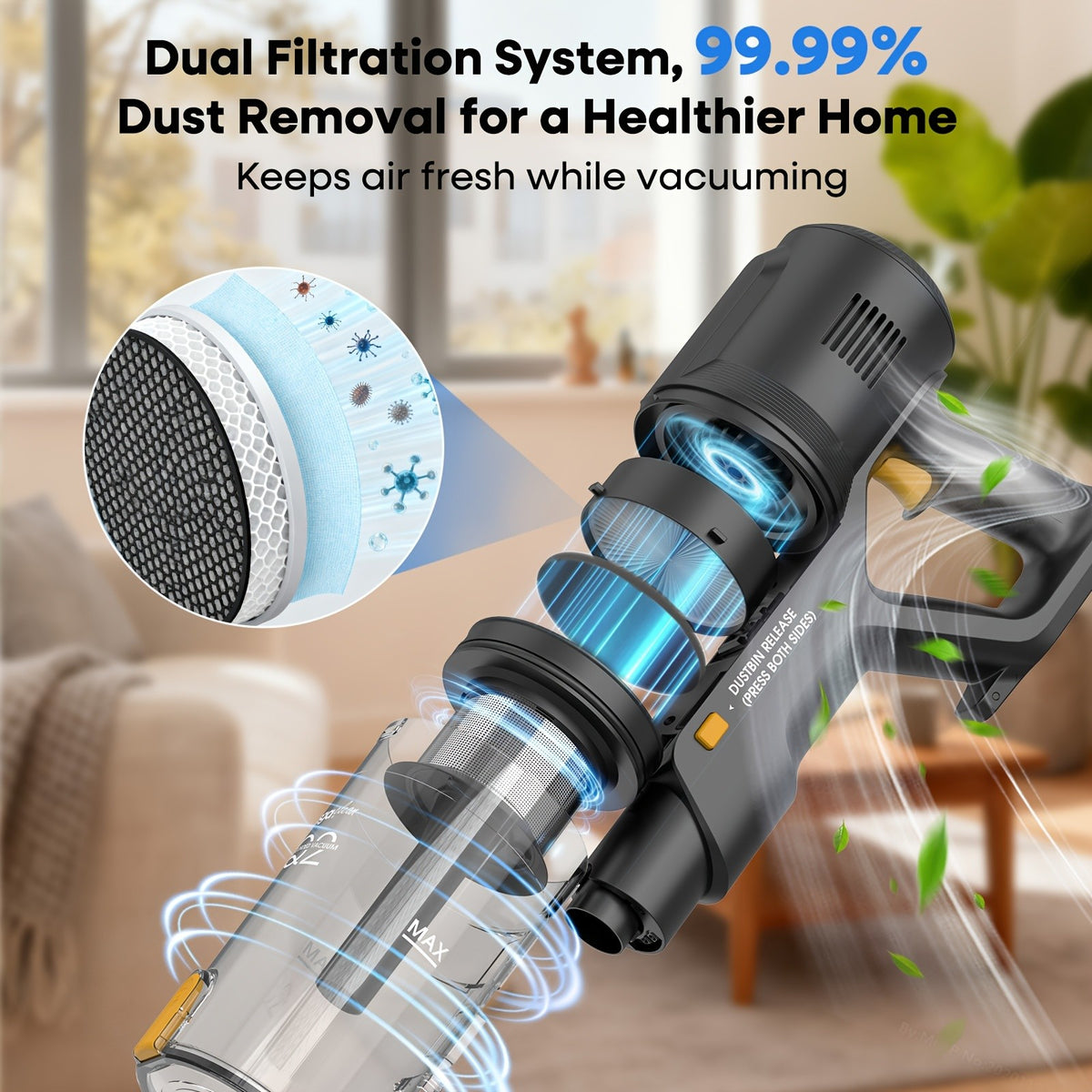 Detachable-Battery Cordless Vacuum Cleaner in Purple with Listed 46kPa Suction, Six-Stage Filtration and V-Shaped Brush Features for Home Floor and Pet Hair Cleanup