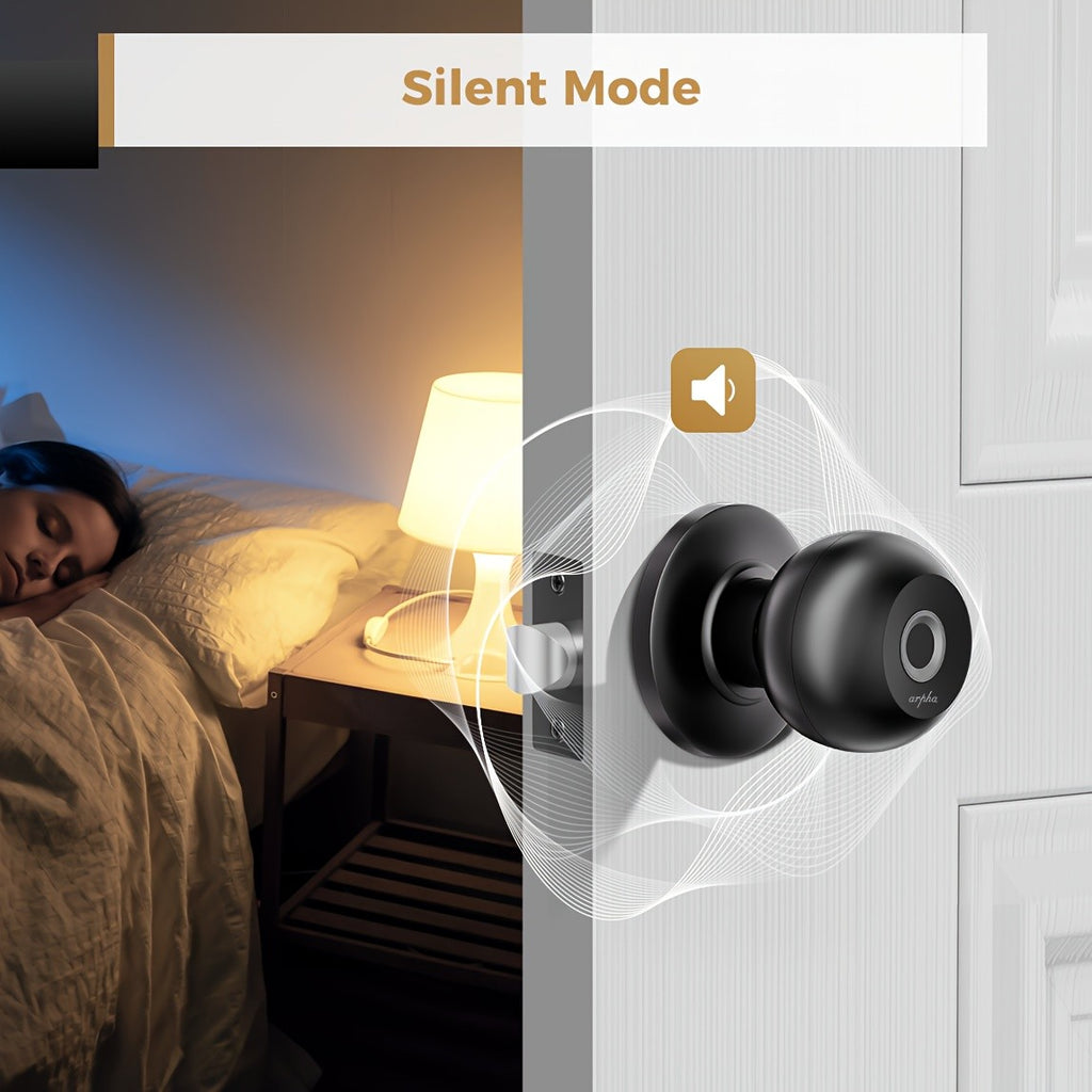 Replaceable-Battery Smart Door Knob by Arpha in Black with Listed Fingerprint, Passcode, Tuya App and Physical Key Access, Passage and Privacy Modes, Battery Excluded