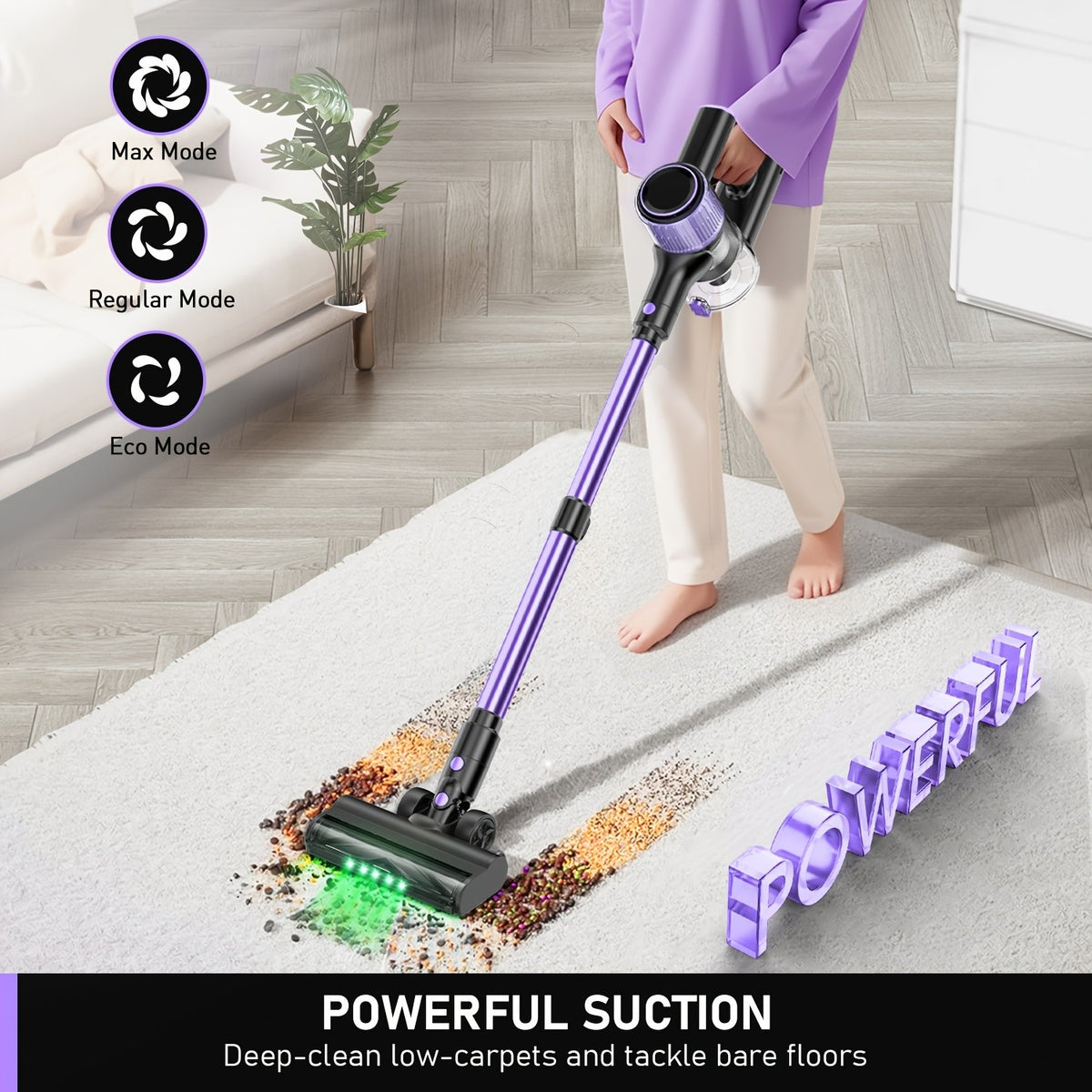 10-in-1 Cordless Stick Vacuum Cleaner, Lightweight Rechargeable Vacuum with Anti-Tangle Roller Brush, Upgraded Green LED Light and 45-Min Runtime, Powerful Suction for Hardwood Floors, Carpet, Pet Hair and Car Interior