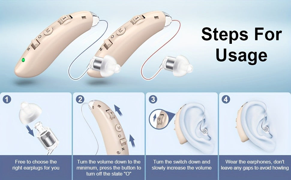 Rechargeable Behind-the-Ear Hearing Aids by K&FCOPTEE in Brown, Listed Pair with Three Frequency Modes, Four Volume Levels, Six Domes and Two USB Cables