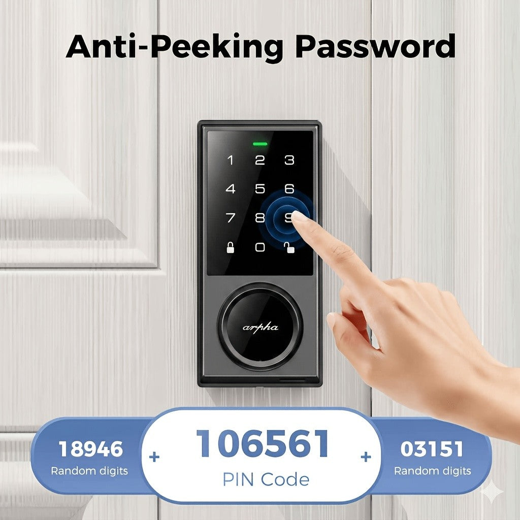 Touchscreen Smart Deadbolt Lock by ARPHA in Black with Digital Keypad, WiFi App Control, Auto-Lock and Anti-Peeping Password Features for Compatible Doors