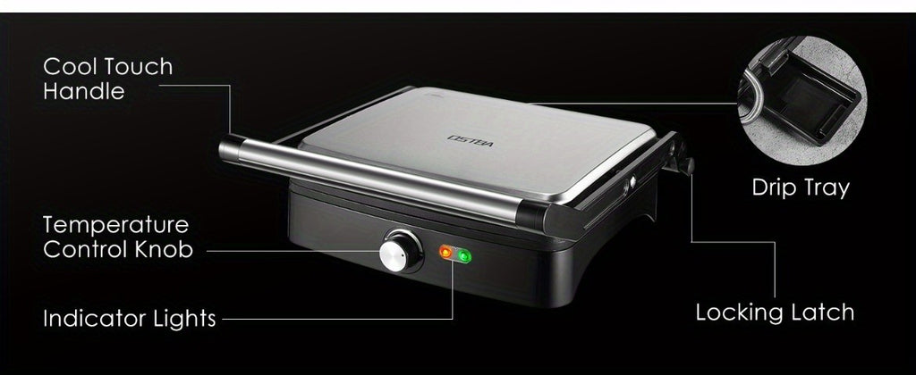 Temperature Control Panini Press Grill by OSTBA, 1200W Sandwich Maker with Nonstick Plates, 180-Degree Opening and Removable Drip Tray for Indoor Cooking