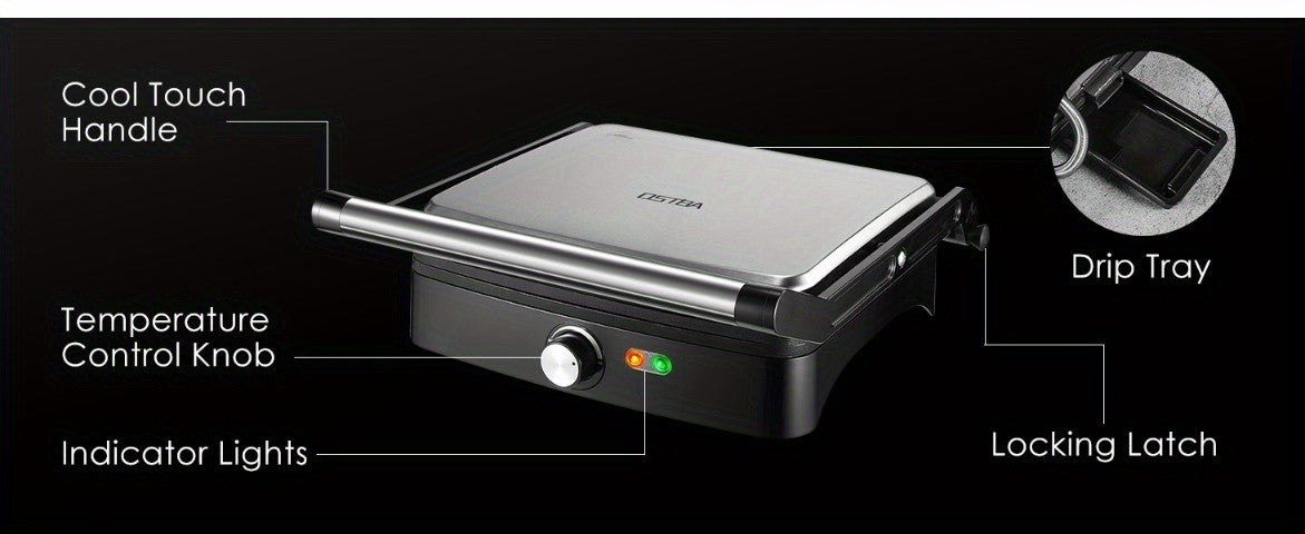 Temperature Control Panini Press Grill by OSTBA, 1200W Sandwich Maker with Nonstick Plates, 180-Degree Opening and Removable Drip Tray for Indoor Cooking