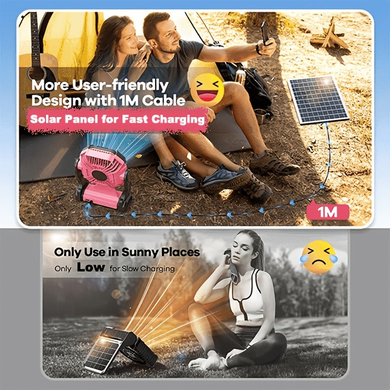 Solar Charging Camping Fan with Listed USB Battery Power and Hanging Hook, X98 Green or Black and X23 Pink, Green or Black Model Options for Picnic and Campsite Airflow
