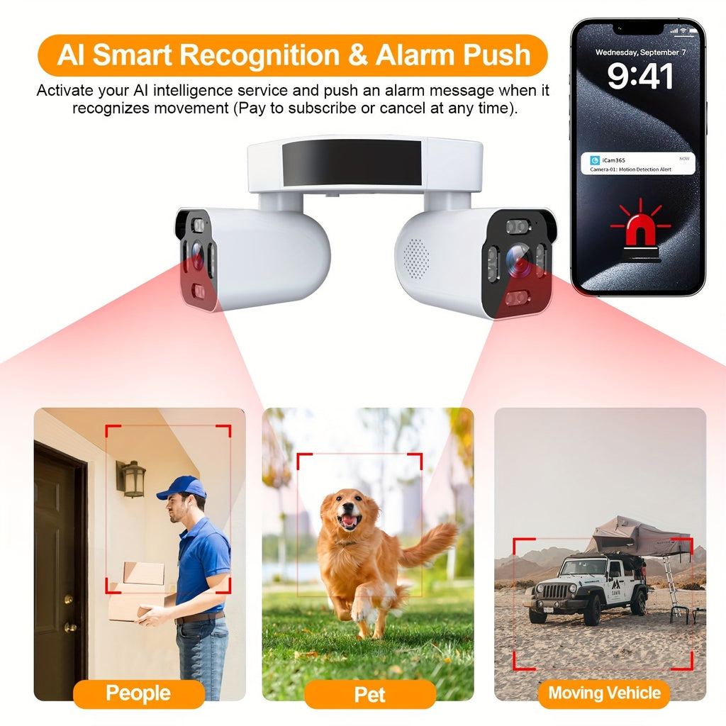 Corner Mount Security Camera by PHANSATIM, 8MP Dual-Lens PTZ with Color Night Vision, WiFi or Wired Network Connection and Wired Power for Indoor Outdoor Use