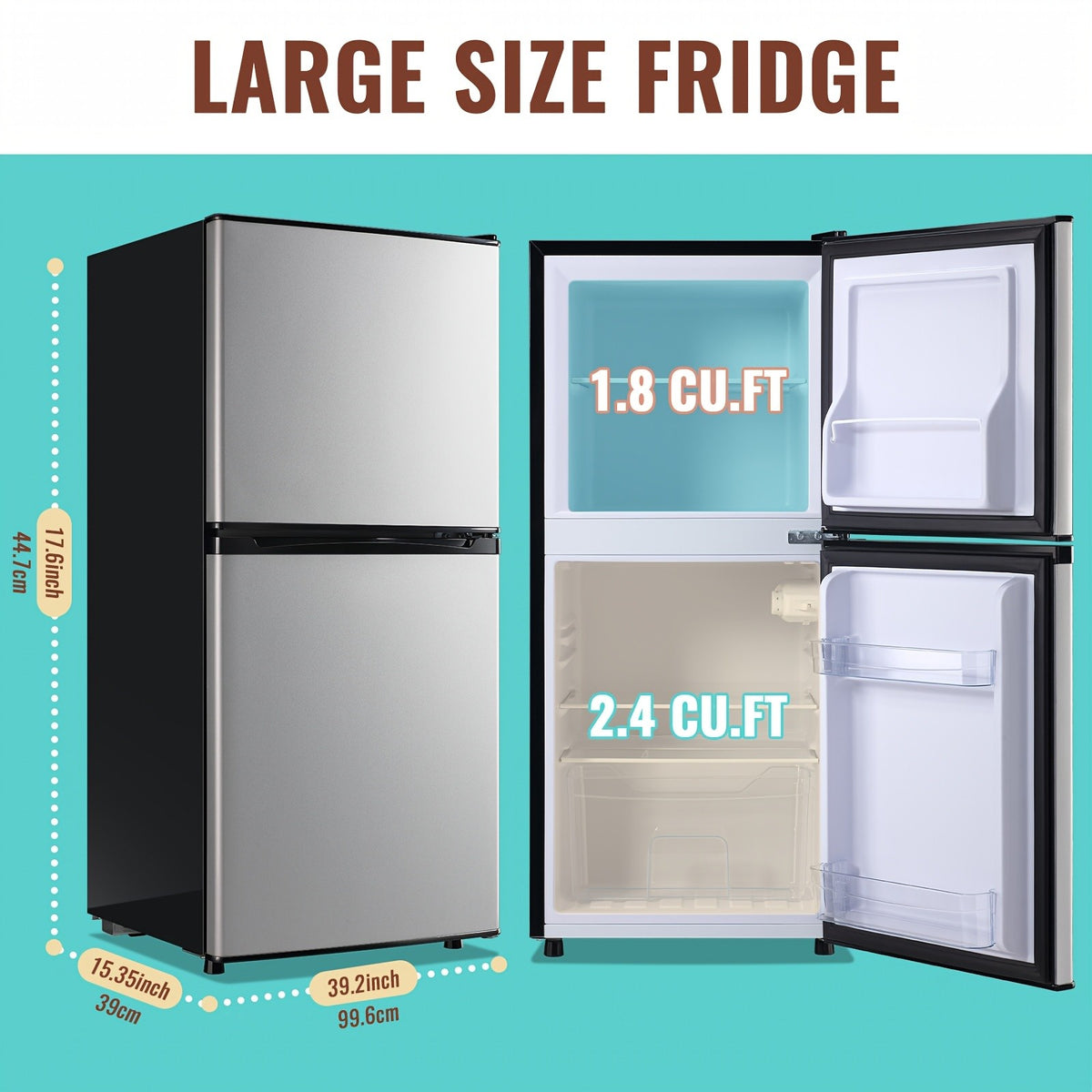 Compact Fridge Freezer by WANAI, Double-Door 3.5 or 4.5 Cu Ft Options with Seven-Level Thermostat, Removable Shelves and Listed LED Light for Apartment and Office
