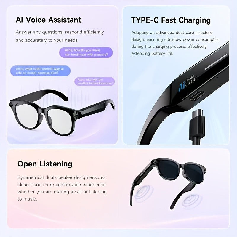Replaceable-Lens AI Smart Glasses with Listed 8MP Camera, Image Stabilization, Video and Audio Recording, Translation, Voice Control and Music Playback