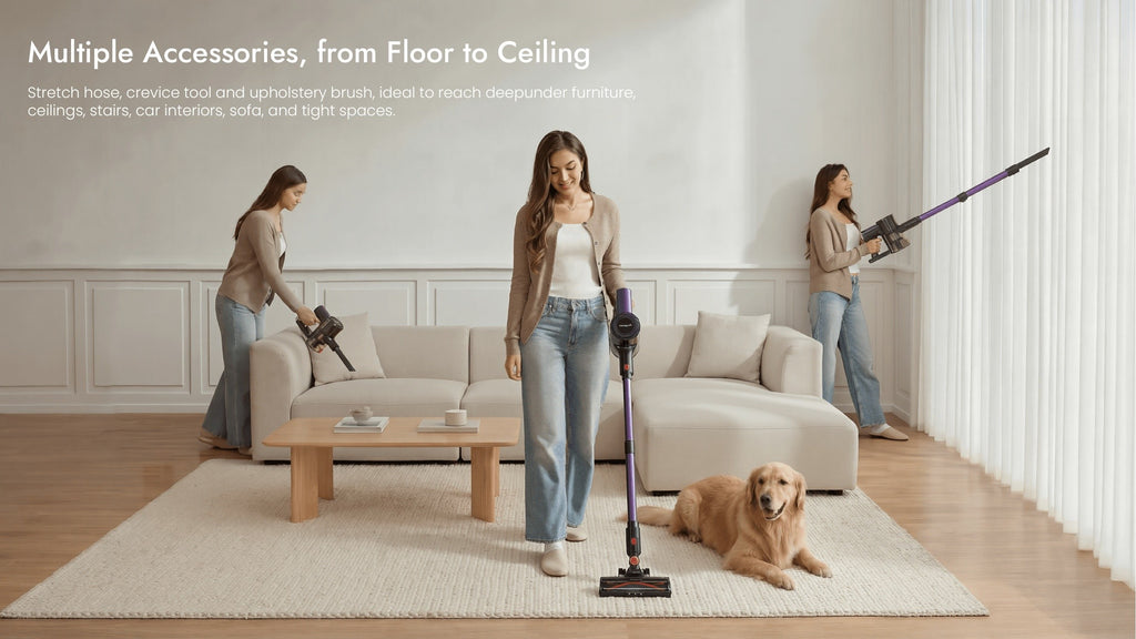 Detachable-Battery Cordless Vacuum Cleaner in Purple with Listed 46kPa Suction, Six-Stage Filtration and V-Shaped Brush Features for Home Floor and Pet Hair Cleanup