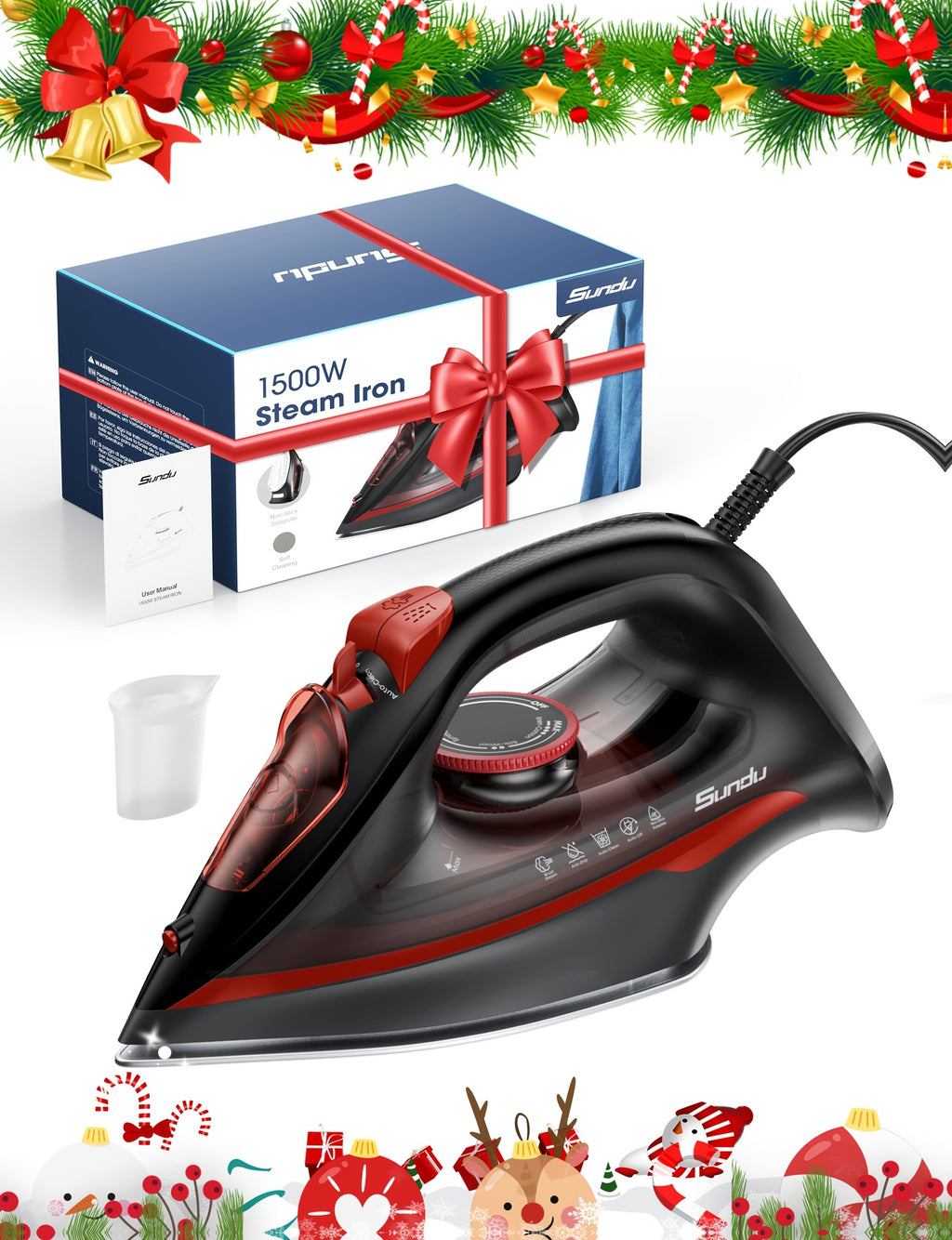 Ceramic Soleplate Steam Iron by Sundu, 1500W Red Clothes Iron with Thermostat Dial, Self-Cleaning and Auto-Off, 11.83oz Capacity Option for Home Garment Care