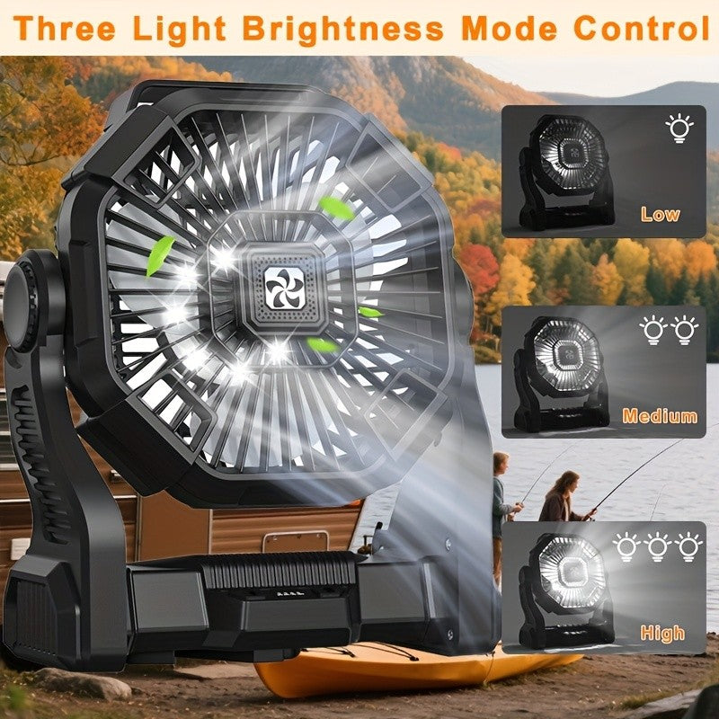 LED Lantern Camping Fan with Hook, Portable 3-in-1 USB Powered Desk Fan with Listed 20000mAh Capacity for Picnics, Indoor Use and Power Outages