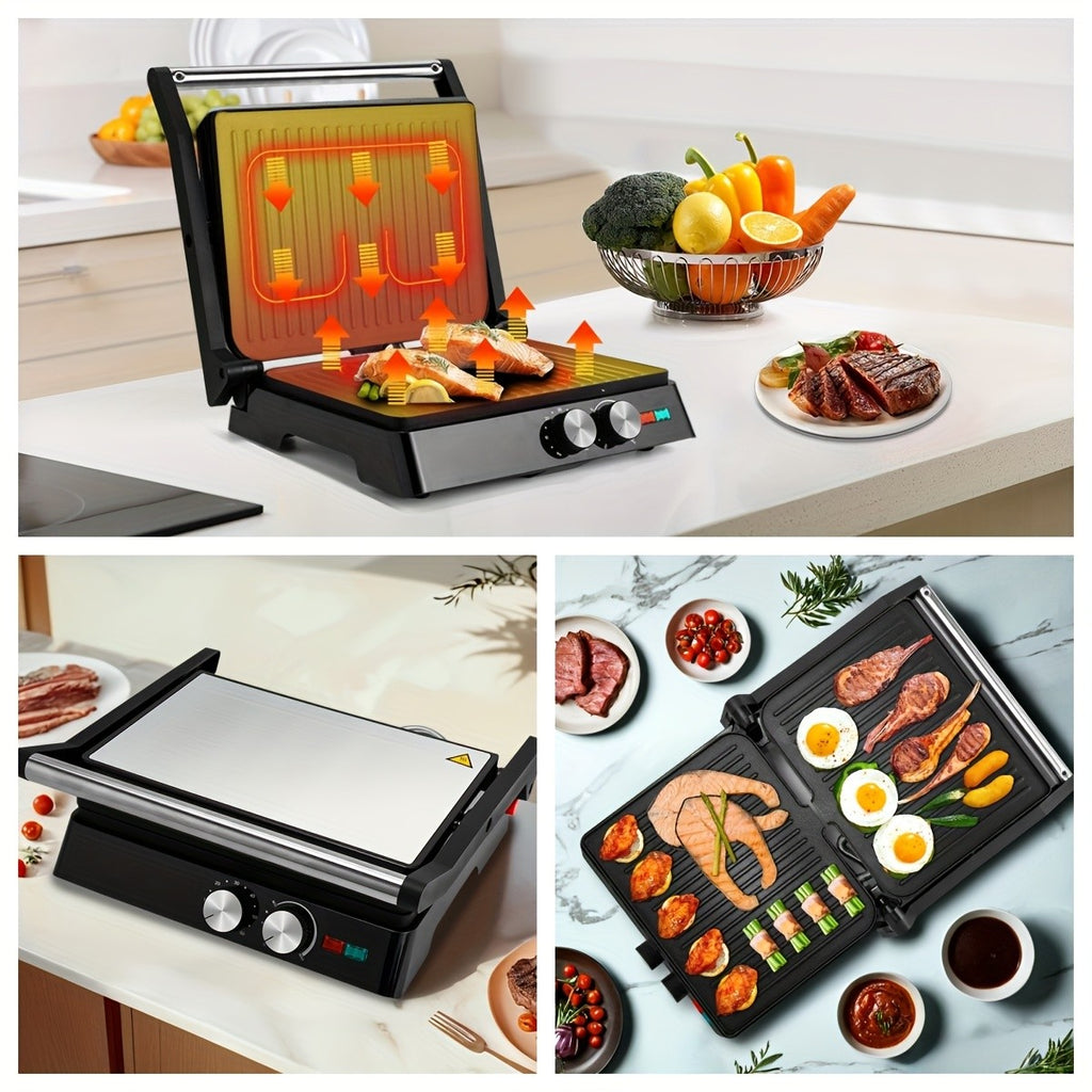 Floating-Hinge Panini Press and Indoor Grill with Nonstick Plate Wording, 180-Degree Opening and Grease Tray, Color or Timer-Control Options for Sandwiches