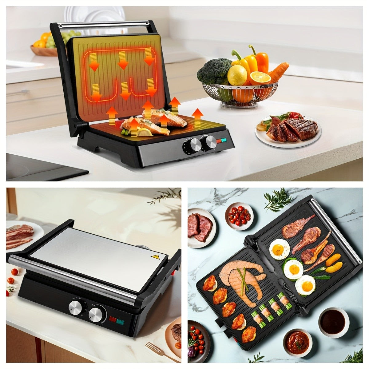 Floating-Hinge Panini Press and Indoor Grill with Nonstick Plate Wording, 180-Degree Opening and Grease Tray, Color or Timer-Control Options for Sandwiches