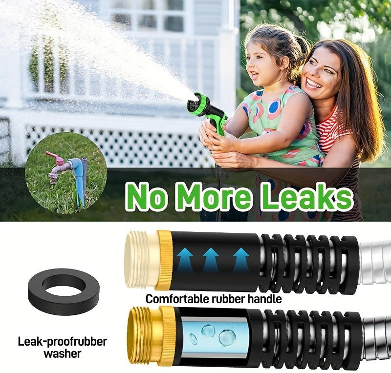 Stainless Steel Garden Hose with 10-Function Nozzle and Brass Joint, Metal Watering Hose in Multiple Length and Upgrade Kit Options for Yard and Car Care