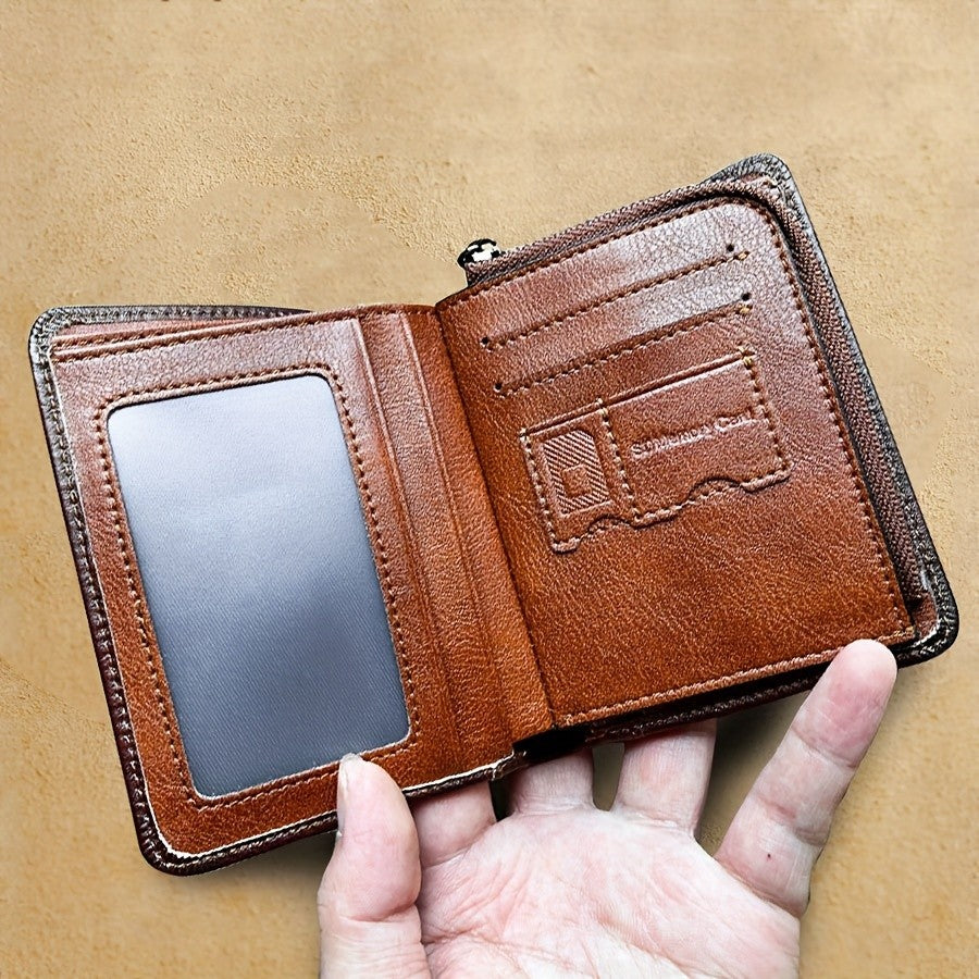 Trifold Leather Wallet for Men with Eight Card Slots, Two ID Windows, Coin Pocket and Two Banknote Sections, Yellow Brown, Black or Coffee Color for Daily Carry