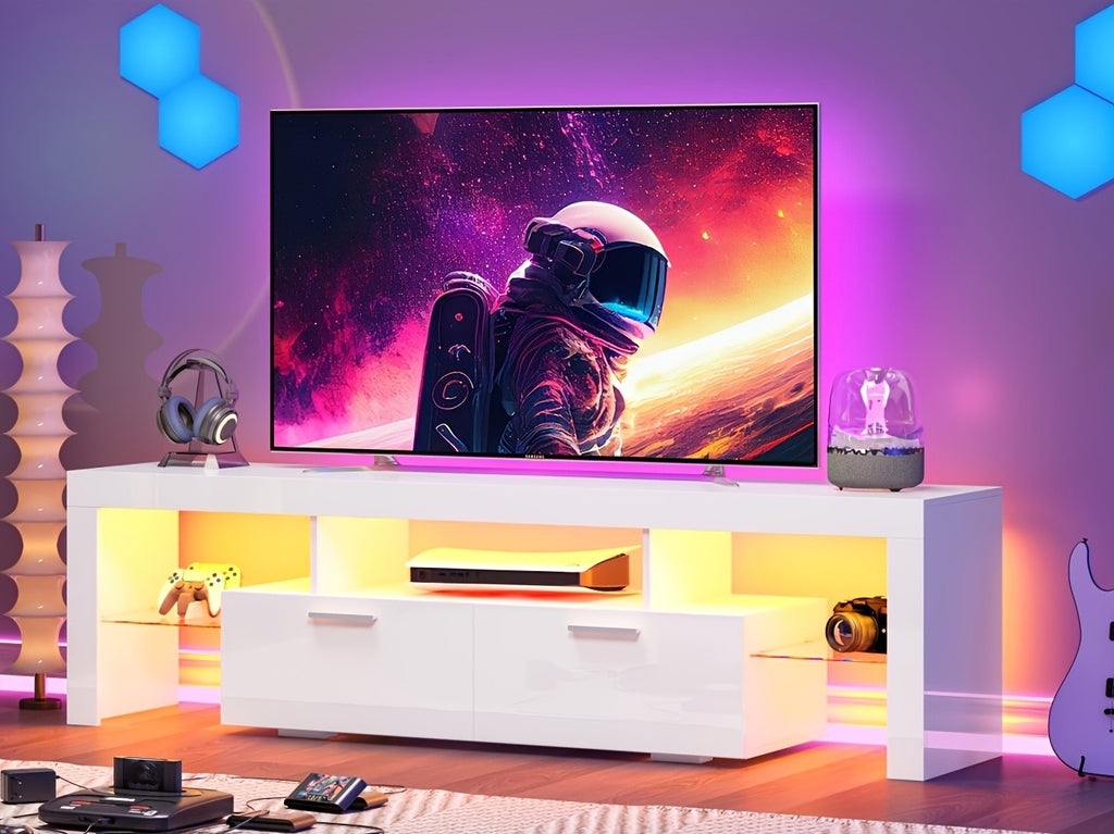 White LED TV Stand with Cabinet Storage and Glass Shelves, Modern Media Console for Living Room and Game Room in 130, 167 or 180 cm Model Options