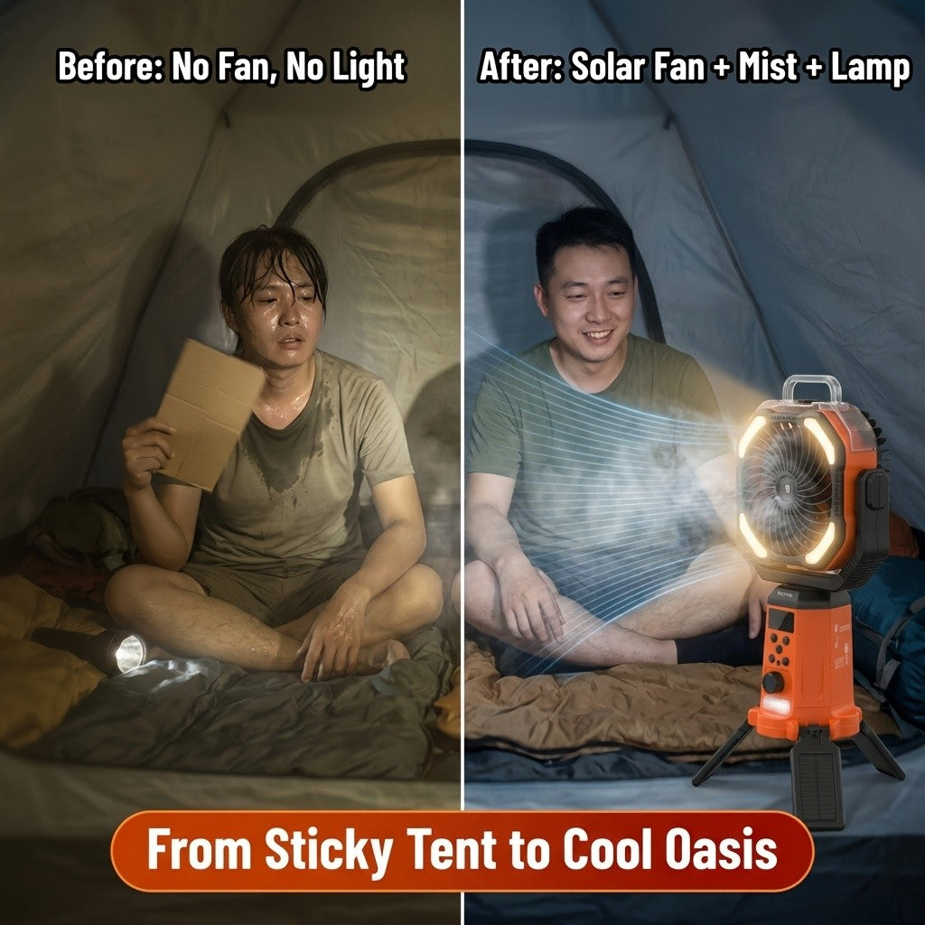 Dual-Motor Camping Fan with Listed Remote Control, 1–100 Speed Adjustment and Oscillation, Classical, Mist and Solar Option Labels for Tent and Outdoor Airflow