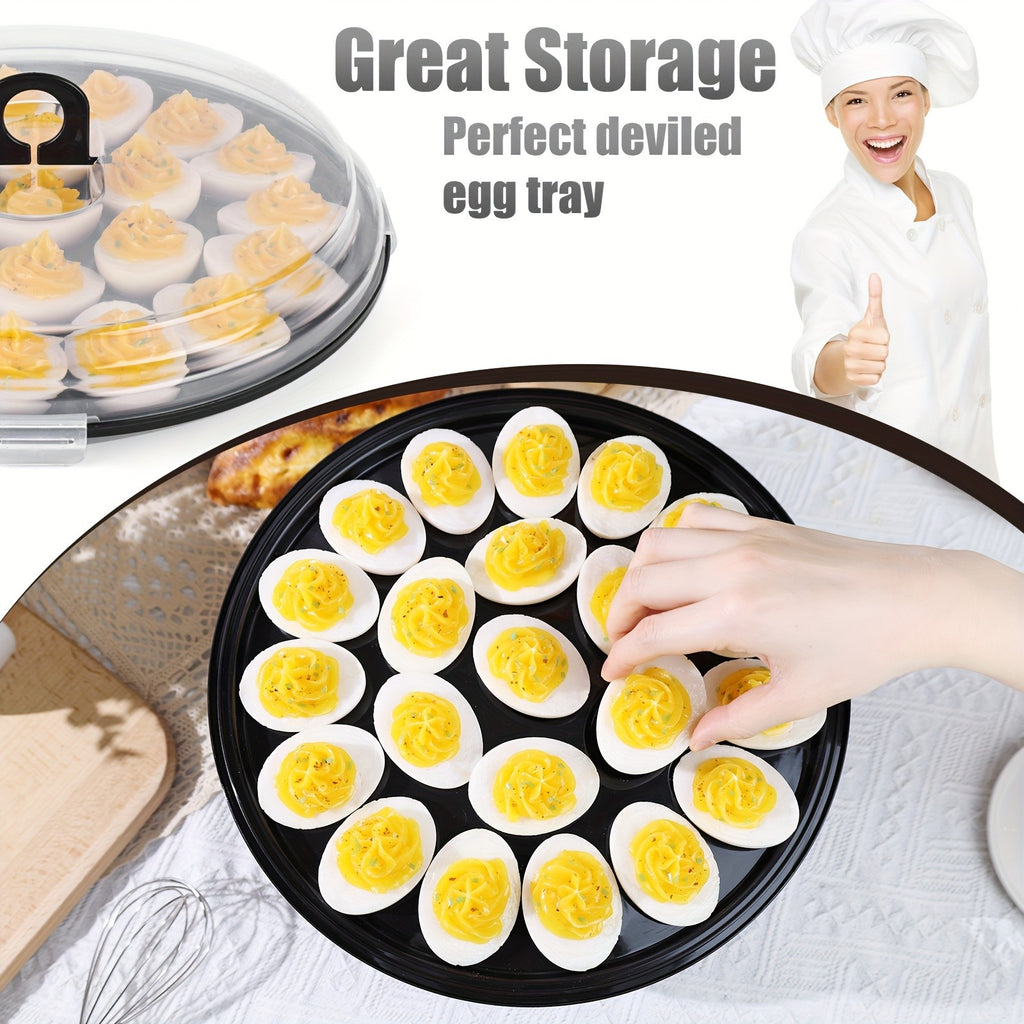 Deviled Egg Carriers with Lids and Folding Handles, Three 11.8-Inch Round Stackable PP Trays with 22 Slots Each for Party Prep, Serving and Upright Transport
