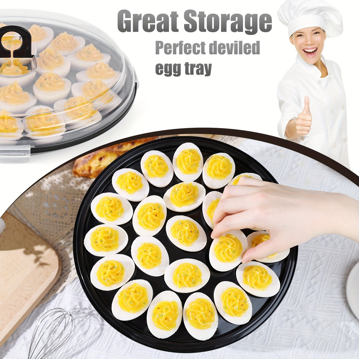 Deviled Egg Carriers with Lids and Folding Handles, Three 11.8-Inch Round Stackable PP Trays with 22 Slots Each for Party Prep, Serving and Upright Transport