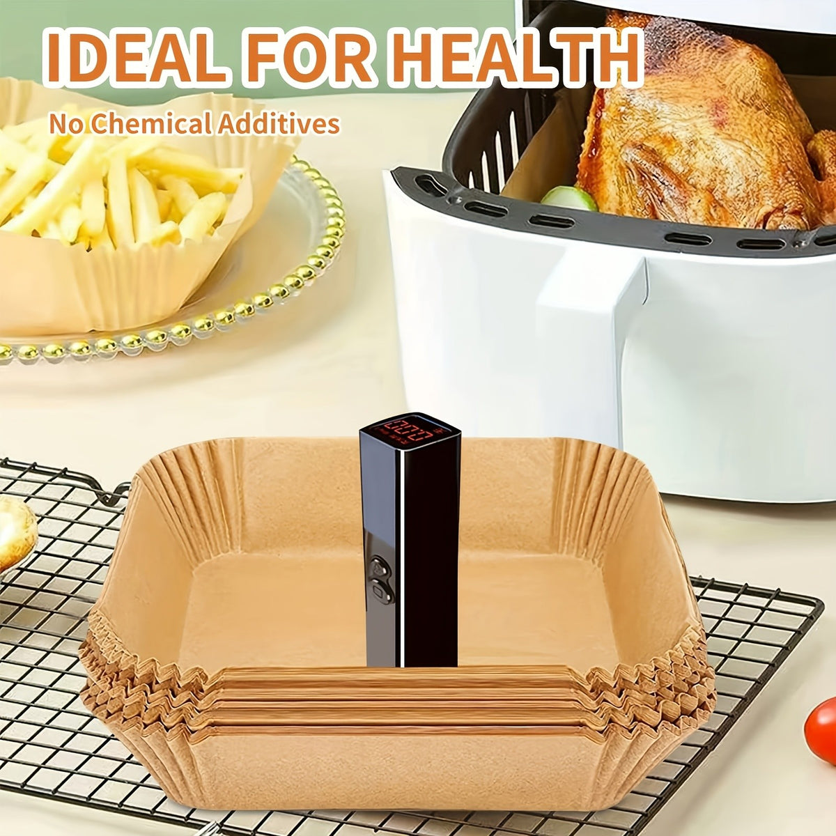 Yellow Square Air Fryer Liners in 50 or 100-Piece Packs with Listed Nonstick and Oil-Proof Design for Compatible Oven Baking and Everyday Kitchen Cooking
