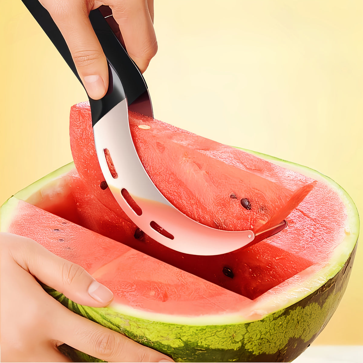 Watermelon Slicer Set for Fresh Fruit Preparation and Serving, Red and Green Tools with Listed Stainless Steel Material or Three-Piece Option with Watermelon Spoon