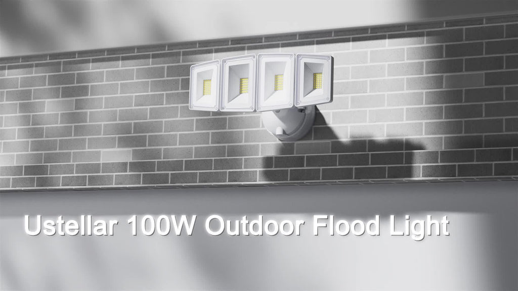 Hardwired LED Security Floodlight by USTELLAR, 100W 10000lm 5000K White Four-Head Outdoor Light with Adjustable Heads and Wall-Switch Control for Eaves and Backyards