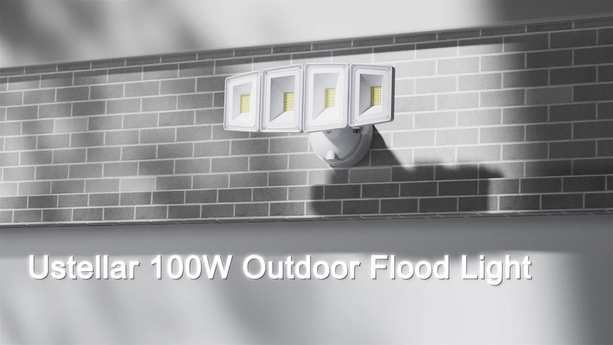 Hardwired LED Security Floodlight by USTELLAR, 100W 10000lm 5000K White Four-Head Outdoor Light with Adjustable Heads and Wall-Switch Control for Eaves and Backyards