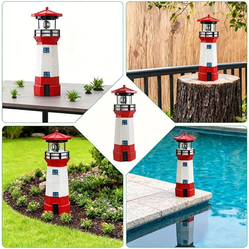 Rotating LED Solar Lighthouse with Built-In Solar Panel and Automatic Night Lighting Wording, Upgraded Model Label for Nautical Garden and Patio Decoration