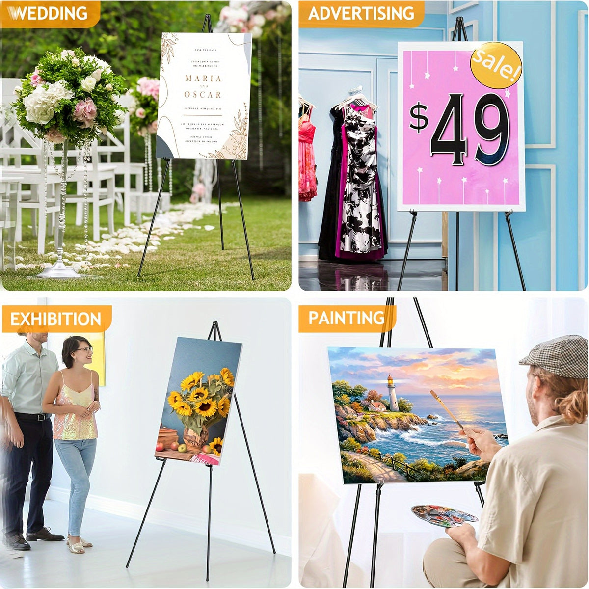Display Easel Stand for Wedding Signs, Posters and Presentations, Folding Metal Tripod with 63-Inch Maximum Height, Adjustable Clips and Multi-Pack Options
